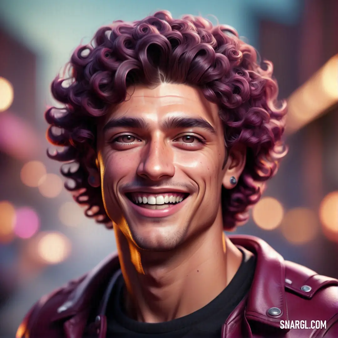 Man with a purple curly hair smiling at the camera with a city background