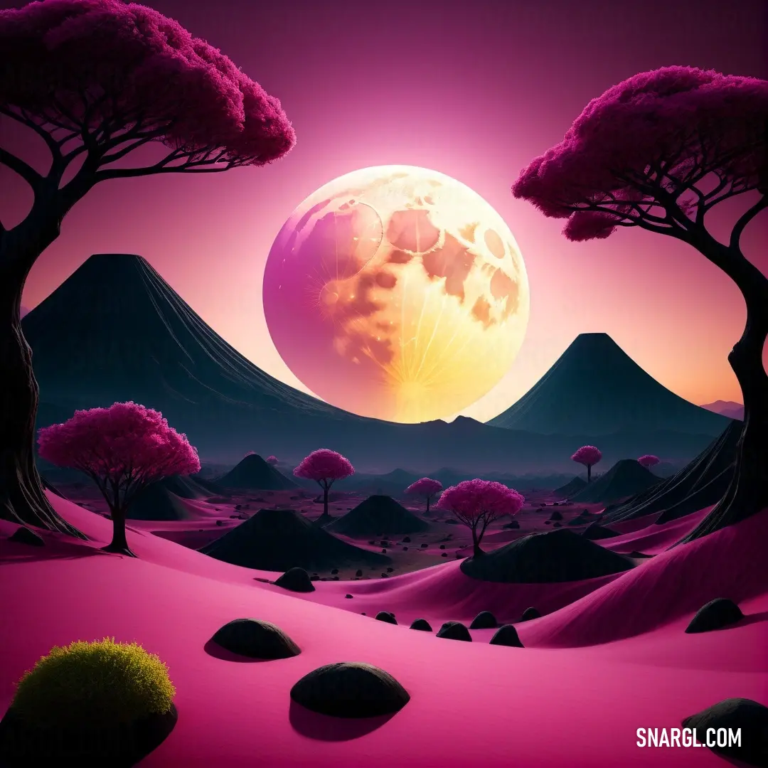Painting of a pink moon in a pink sky with trees and mountains in the background and a pink sky. Example of #9F1E54 color.