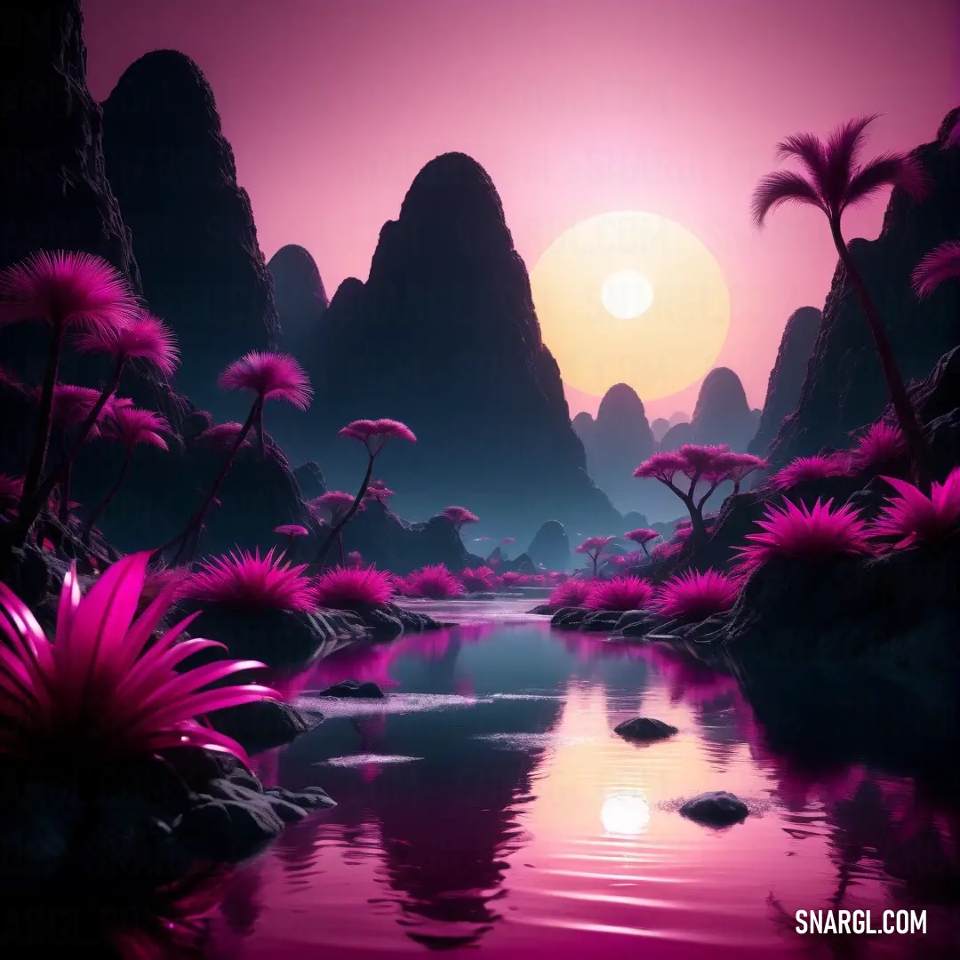 Painting of a sunset with a river and mountains in the background with pink flowers and grass in the foreground
