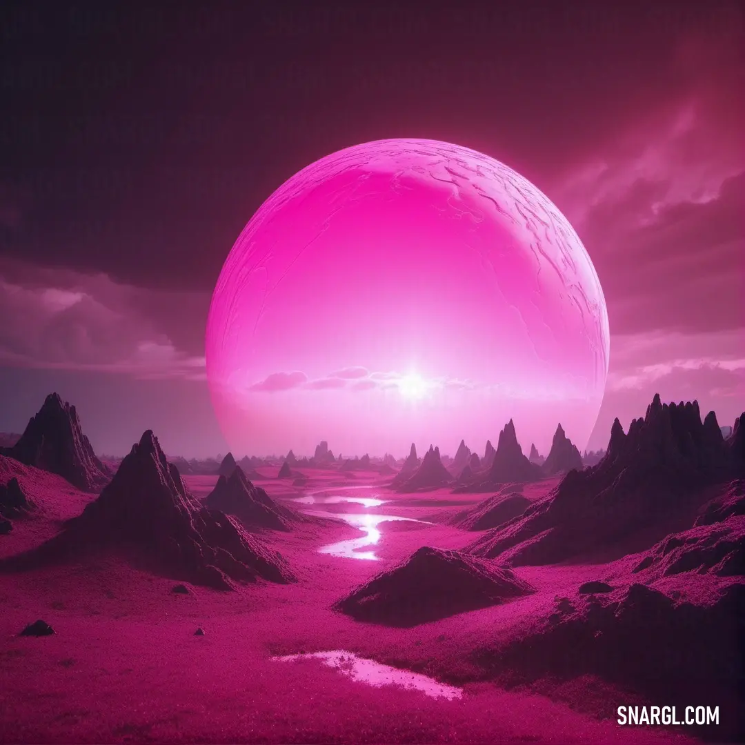 CMYK 9,100,14,33. Pink planet with a stream running through it and mountains in the background with a pink sky and clouds