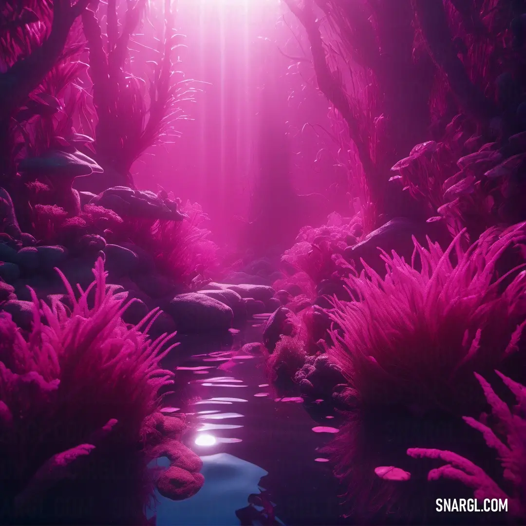 Stream of water surrounded by pink plants and rocks with a bright light coming from the center of the picture. Example of #9F1E54 color.