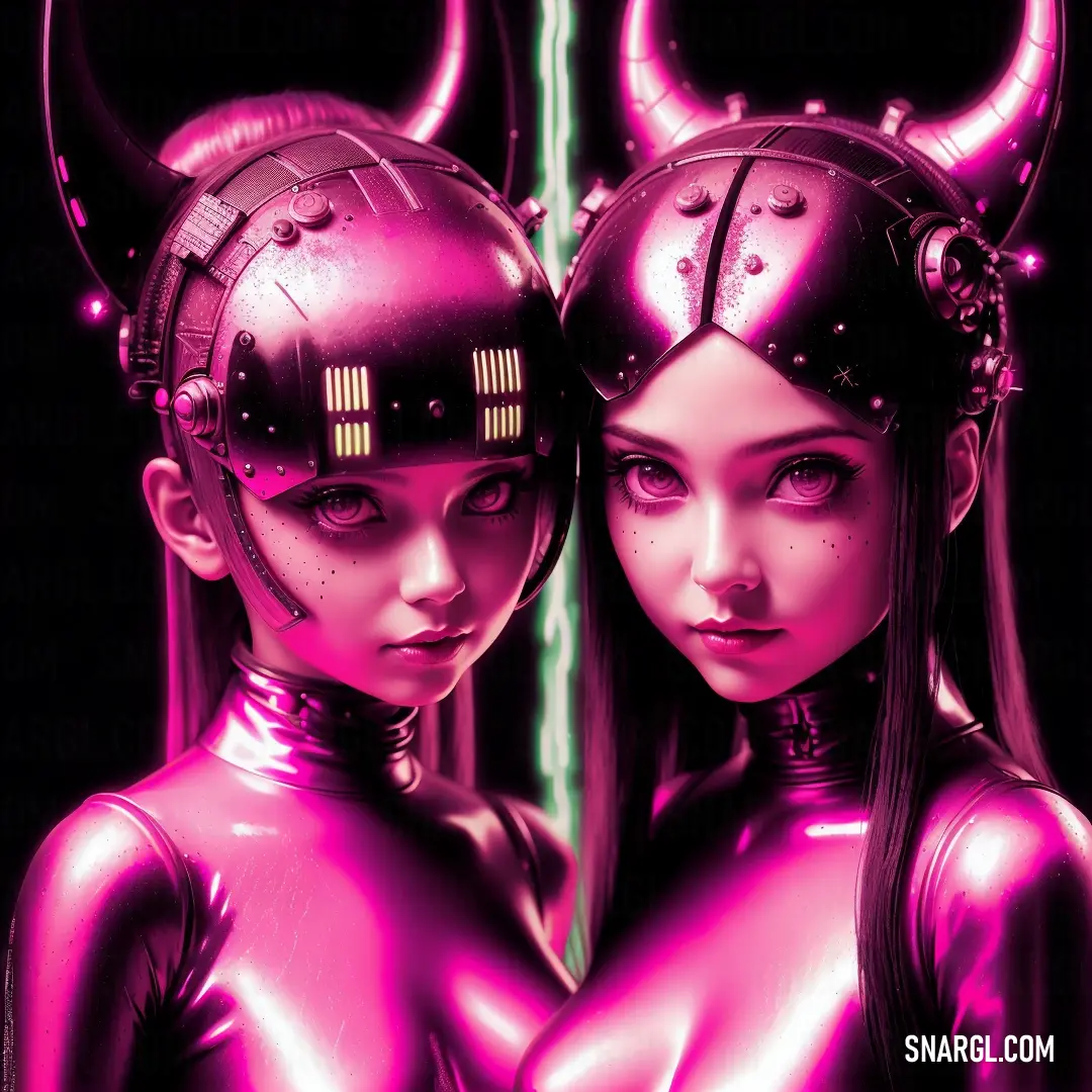 Two women in pink costumes with horns on their heads and horns on their heads. Color CMYK 9,100,14,33.