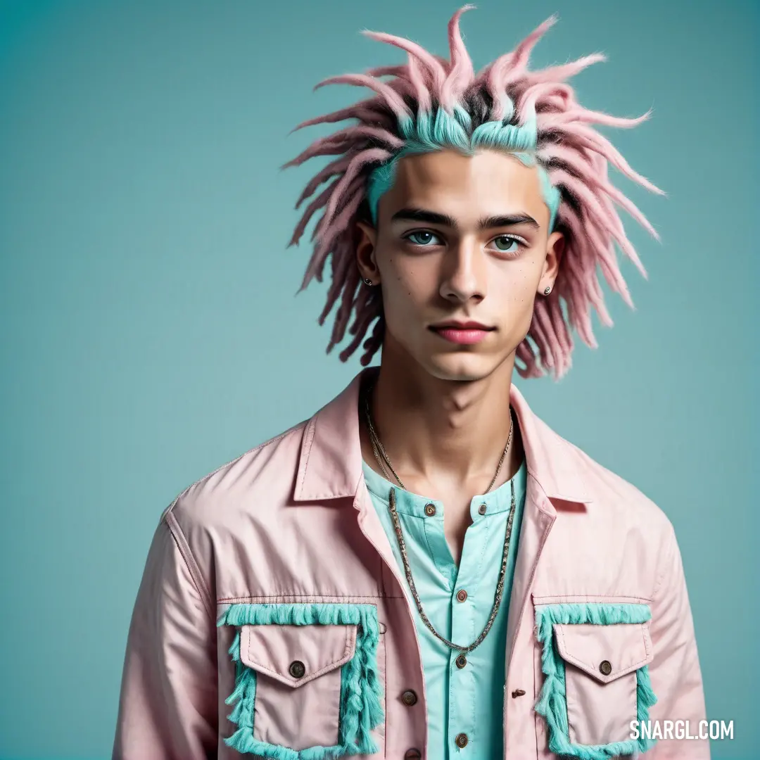 PANTONE 677 color example: Man with pink hair and a blue shirt on a blue background