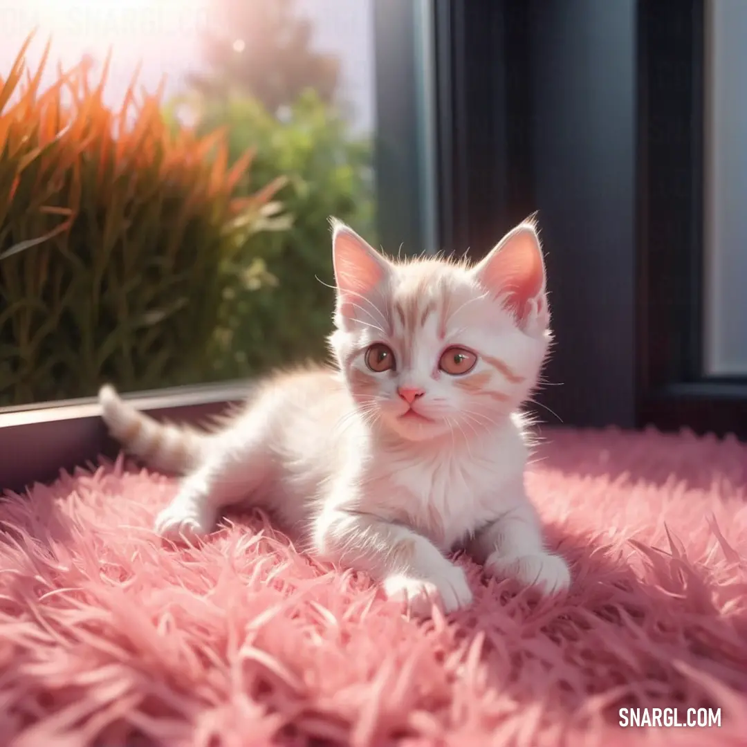 PANTONE 677 color. Small white kitten laying on a pink carpet next to a window sill and a potted plant