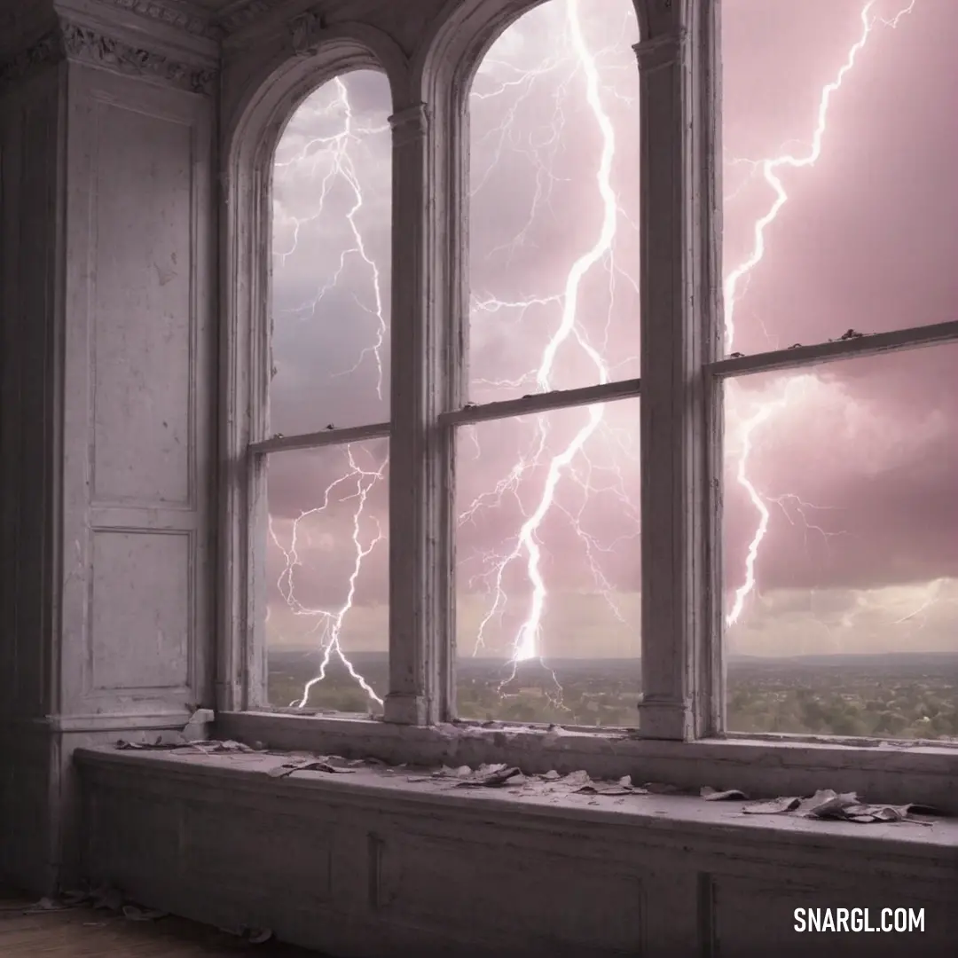 PANTONE 677 color example: Window with a view of a lightning storm outside of it