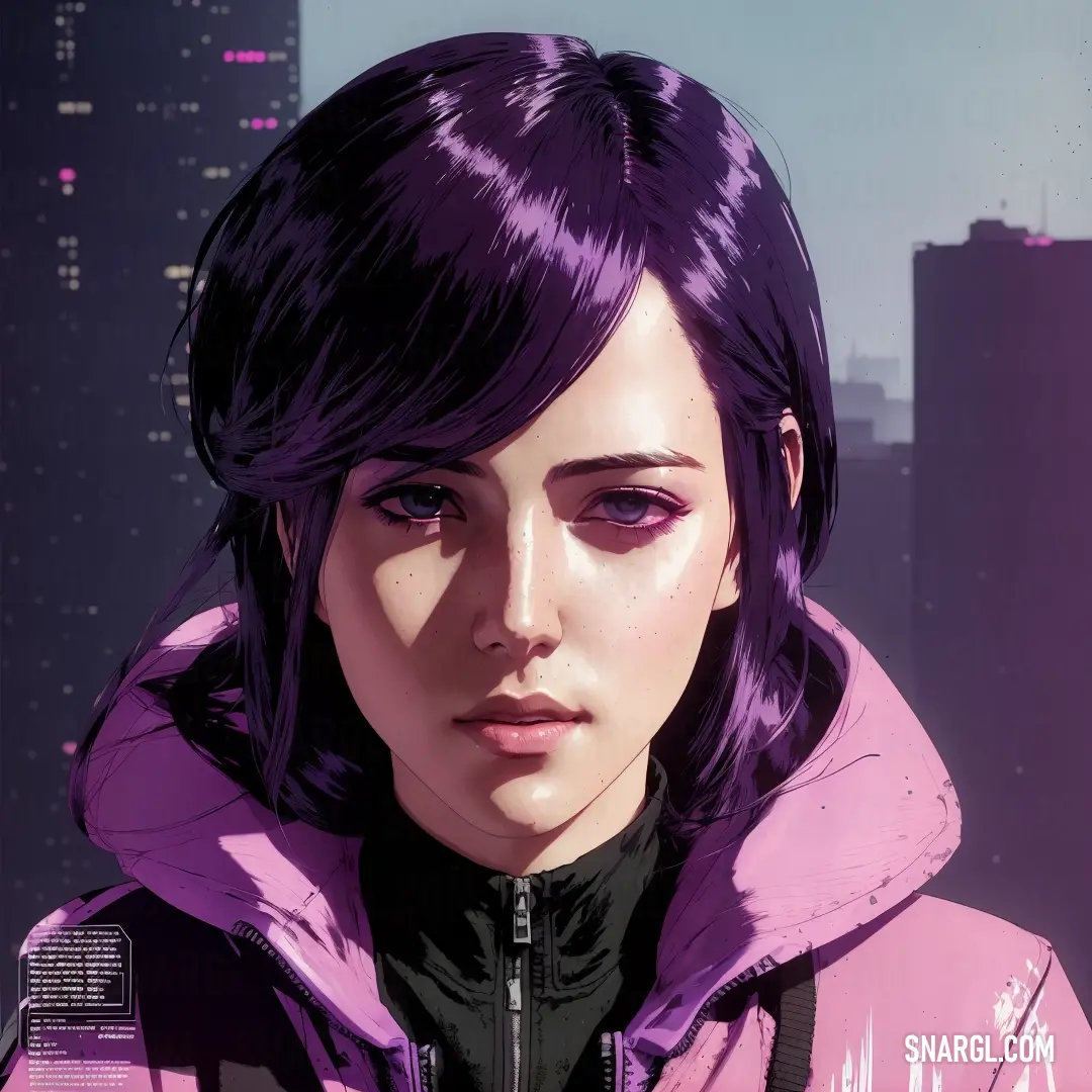 Woman with purple hair and a pink jacket in a city setting with skyscrapers in the background. Color PANTONE 678.