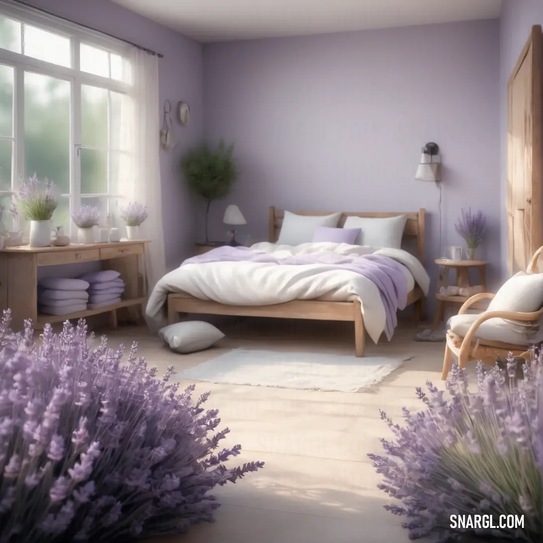 Bedroom with lavender flowers and a bed in the middle of the room with a white rug on the floor. Color #E3C1D7.