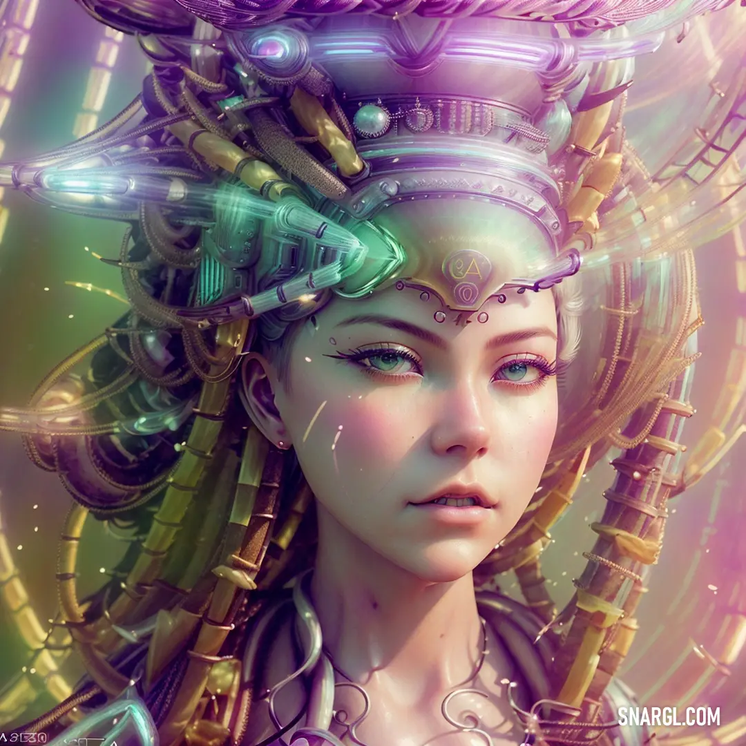 Woman with a head full of wires and a machine in her hair. Example of PANTONE 679 color.