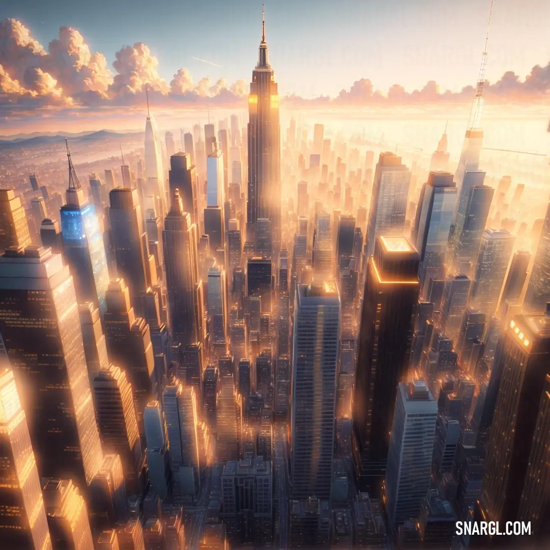 A city with tall skyscrapers reaches up toward the sky, which is filled with dramatic clouds and soft sunlight, evoking a sense of awe and wonder. The warm colors of sunset or dawn blend seamlessly with the architecture, bathing everything in a golden glo