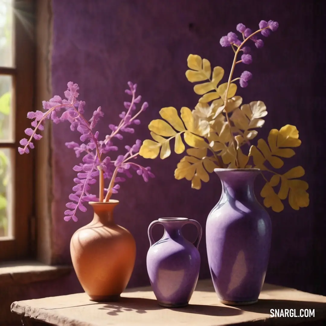 Couple of vases on a table with flowers in them and a window behind them. Color CMYK 16,68,1,9.