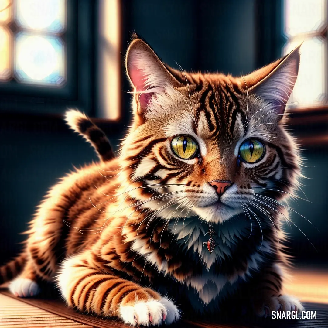 A captivating image of a cat with striking yellow eyes, calmly sitting on a wooden floor. The warm glow of a stained glass window casts a beautiful light on the scene, creating an intimate, tranquil atmosphere. The colors of PANTONE 681 add a gentle, soot