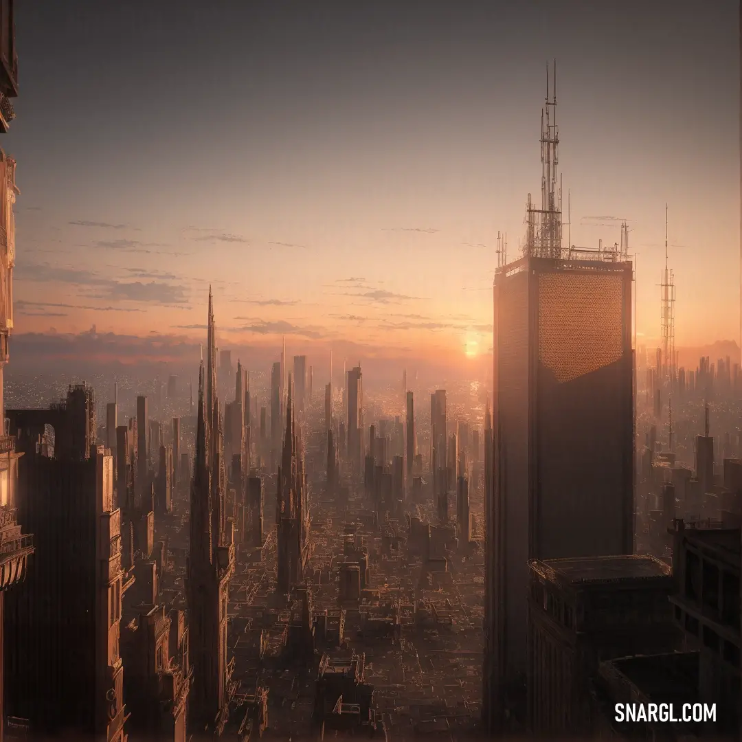 A sweeping view of a modern city skyline, dominated by a towering skyscraper in the foreground. The city's sharp lines and bold architecture contrast with the soft, pastel hues of the sky, creating a striking balance of nature and design.