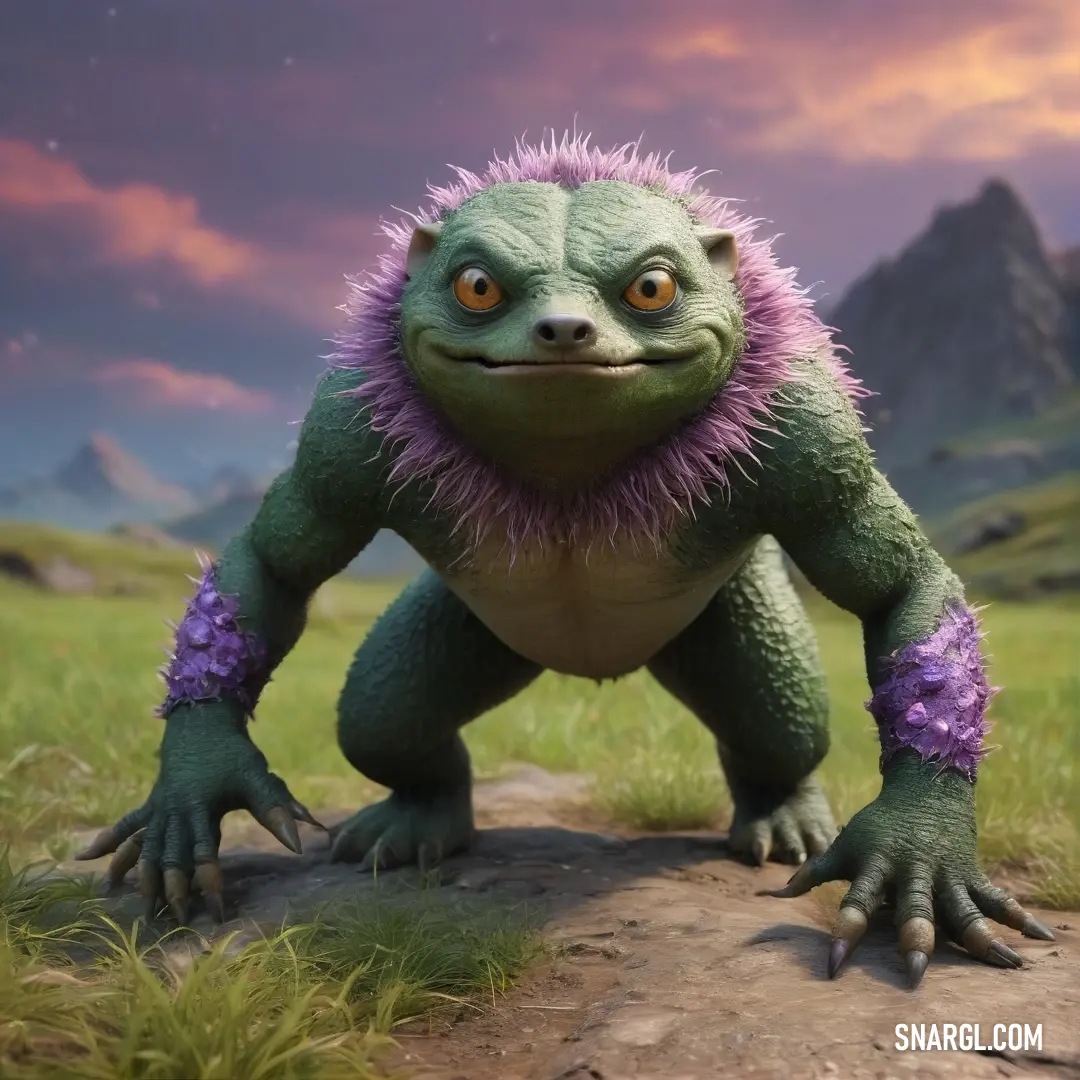 A whimsical creature with vibrant purple hair and a matching collar stands confidently atop a rugged rock. Lush green fields stretch below, framed by majestic mountains that rise sharply in the background, creating a stunning contrast against the clear bl