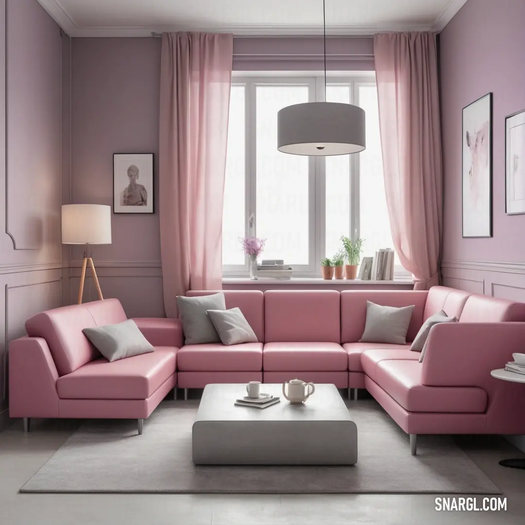 A cozy living room with a soft pink couch and a coffee table set in front of a window adorned with matching pink curtains. The overall PANTONE 681 color palette ties everything together in a warm, inviting space perfect for relaxation and conversation.