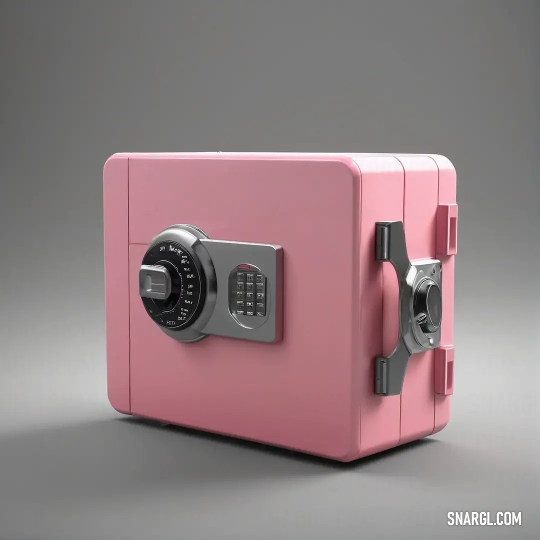 A vibrant pink safe showcasing both a combination lock and a key lock, exuding charm and security. Its playful hue stands out in any space, making it both a functional and eye-catching accessory for safekeeping valuable items.