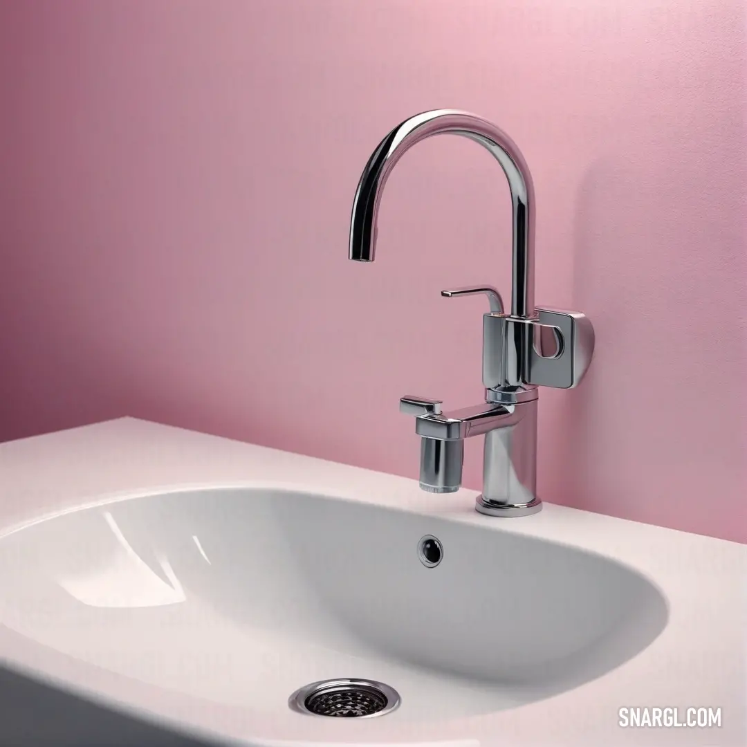 An elegantly designed sink with a sleek faucet, complemented by a warm pink wall that creates a soothing ambiance. The subtle color enhances the bathroom's inviting atmosphere, making it an ideal spot for relaxation and rejuvenation.