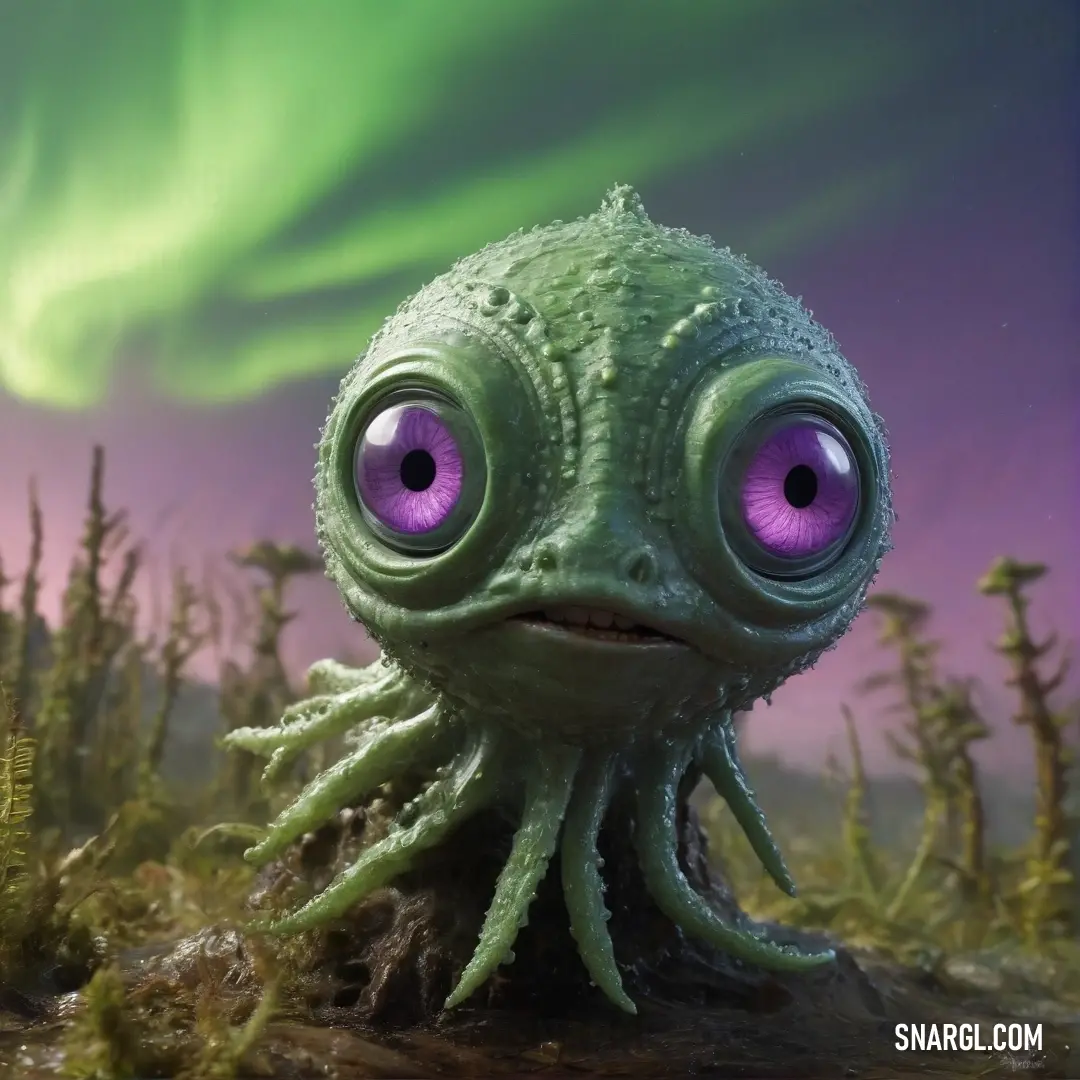 A curious creature with captivating purple eyes stands out against a vibrant green backdrop, inviting viewers to delve into its mystical world brimming with creativity and imagination.