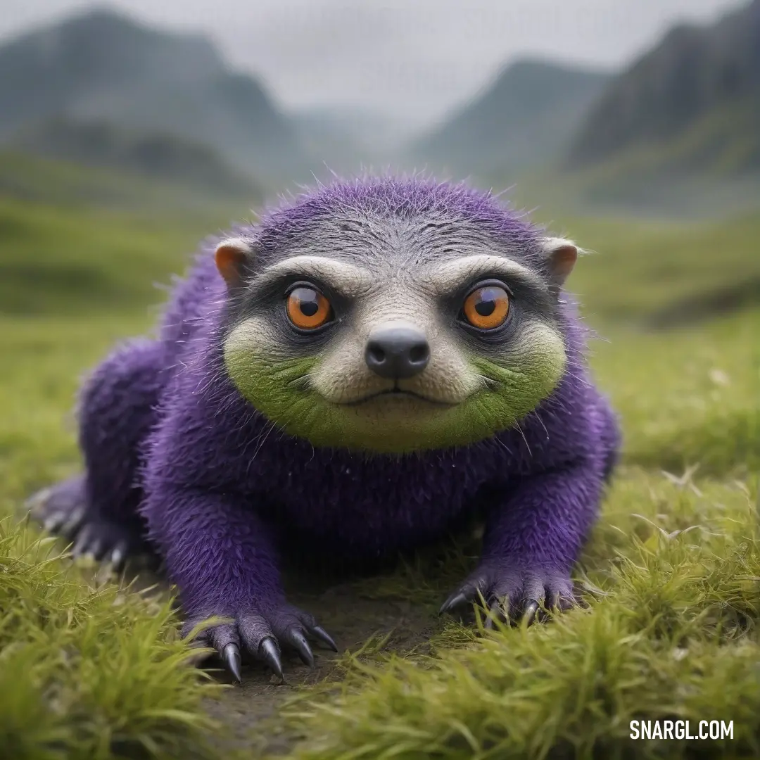 A cuddly stuffed animal with plush purple fur and bright orange eyes rests in a grassy field, surrounded by mountains, radiating a sense of comfort and whimsical charm.