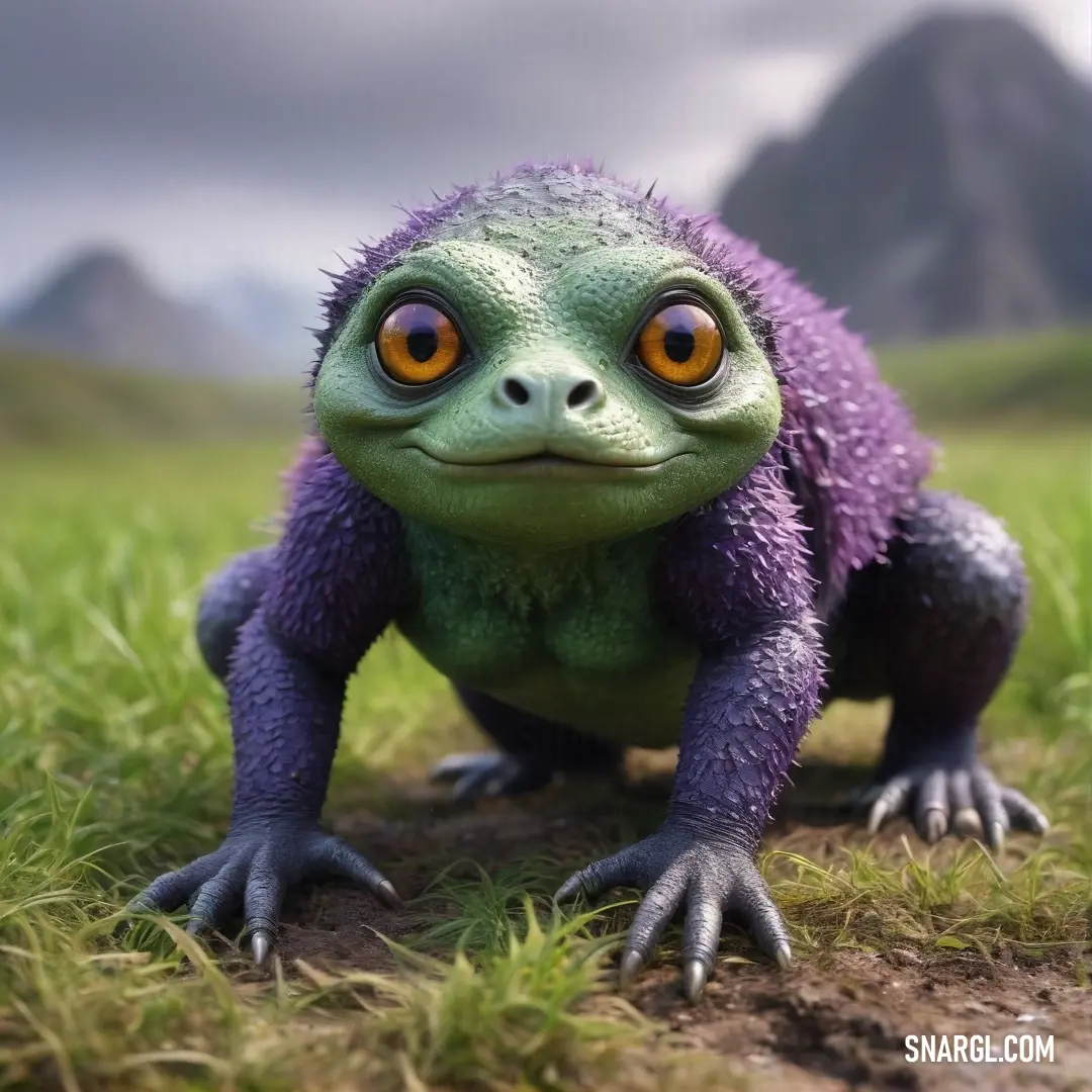 A playful purple and green frog with oversized, expressive eyes sits comfortably in a grassy field. Majestic mountains rise in the distance, adding to the scenic beauty of this serene landscape, where nature blends its vibrant hues in perfect harmony.