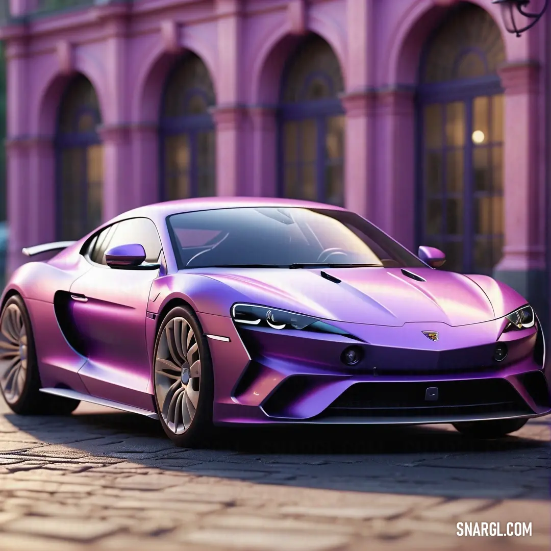 Purple sports car parked on a street next to a building with arched windows and a pink facade behind it. Color PANTONE 681.