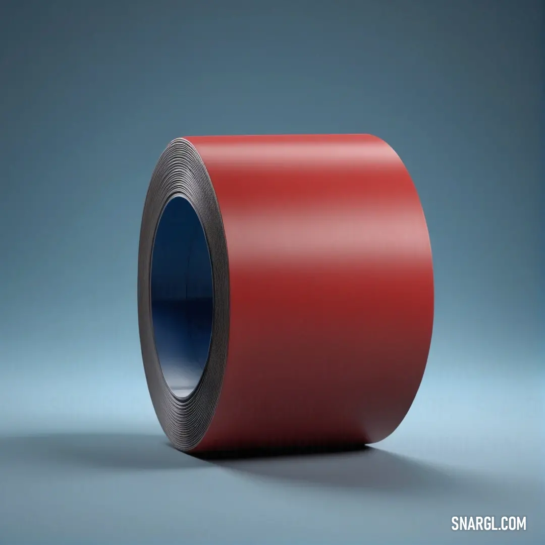 A vibrant roll of red tape rests against a vivid blue background, creating a dynamic contrast that captivates the eyes. The deep hues, beautifully rendered, highlight the playful essence found in this striking visual representation of color #B973A0.