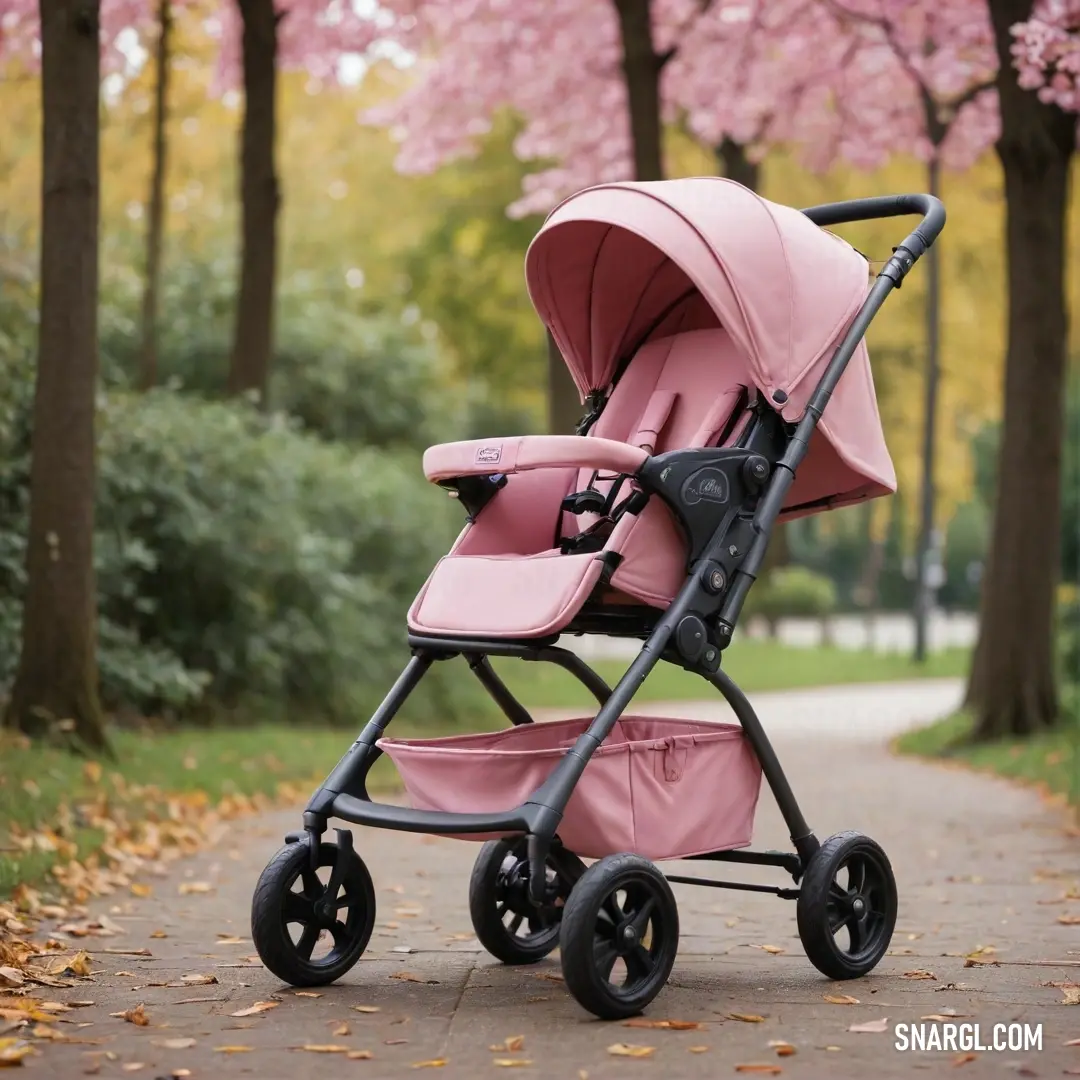 A lovely stroller positioned beneath a tree adorned with delicate pink flowers, while a scenic path meanders in the background, creating a picturesque setting filled with the beauty of nature.