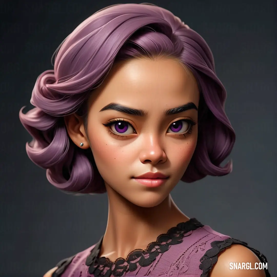 PANTONE 682 color example: Doll with purple hair and a black dress on a gray background