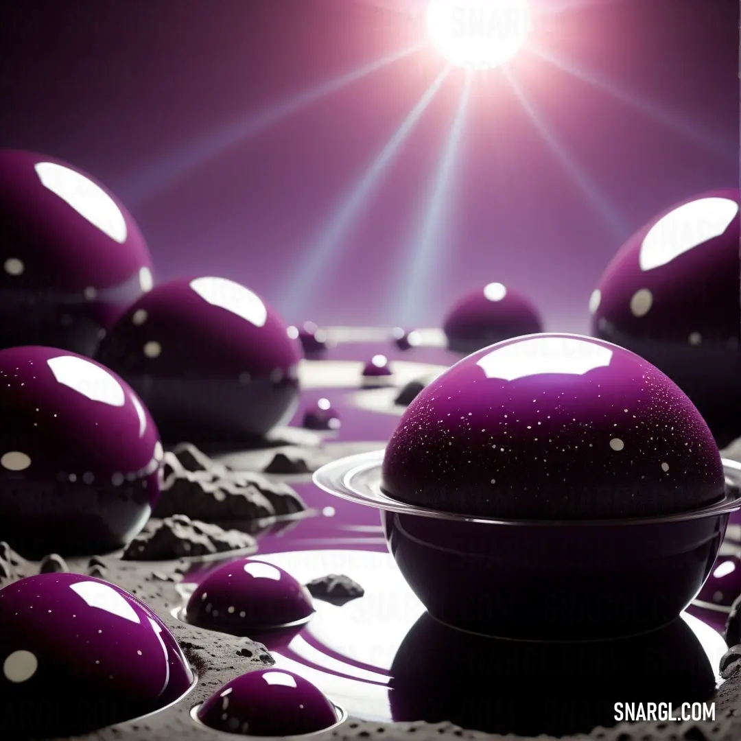 Group of purple balls on top of a table next to a plate of food on a table. Example of #994879 color.