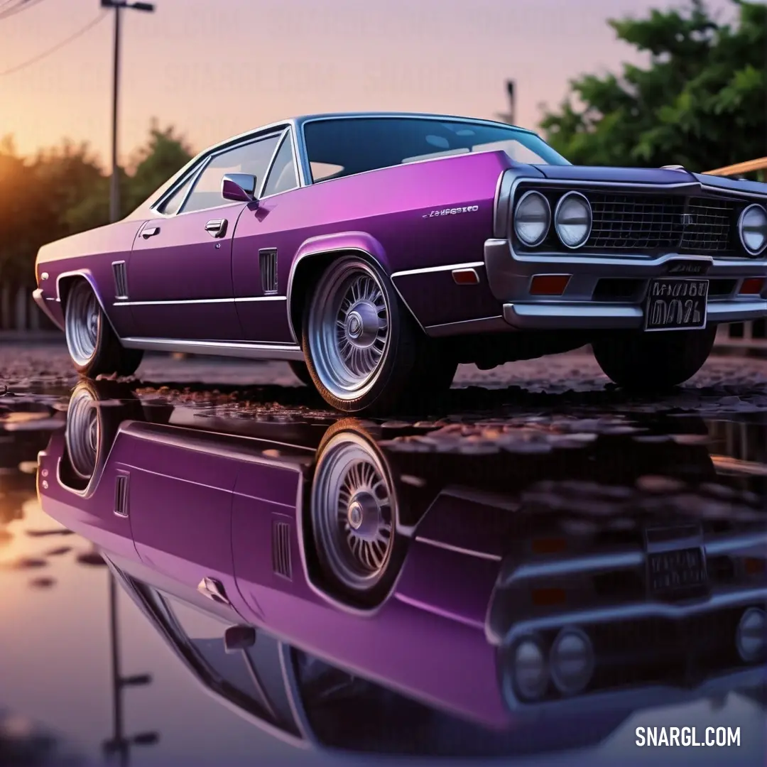 PANTONE 682 color example: Purple car is parked on a wet surface with a reflection of the sun in the water and trees