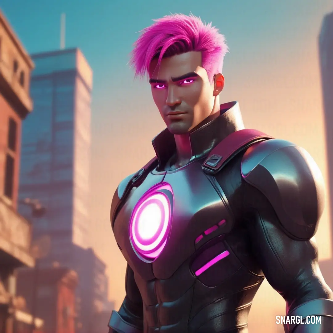 Man with pink hair and a futuristic suit in a city setting with skyscrapers in the background. Color #7F2952.
