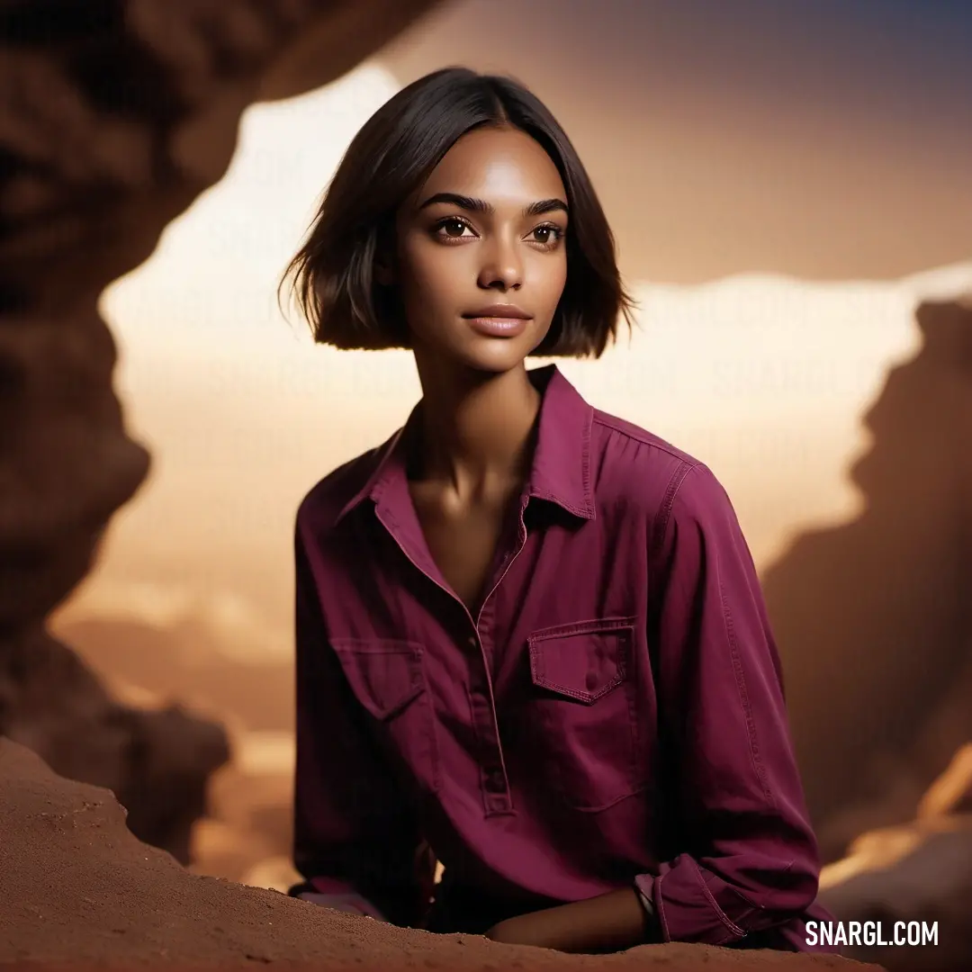 Woman in a red shirt is on a rock formation with a desert background. Color #7F2952.