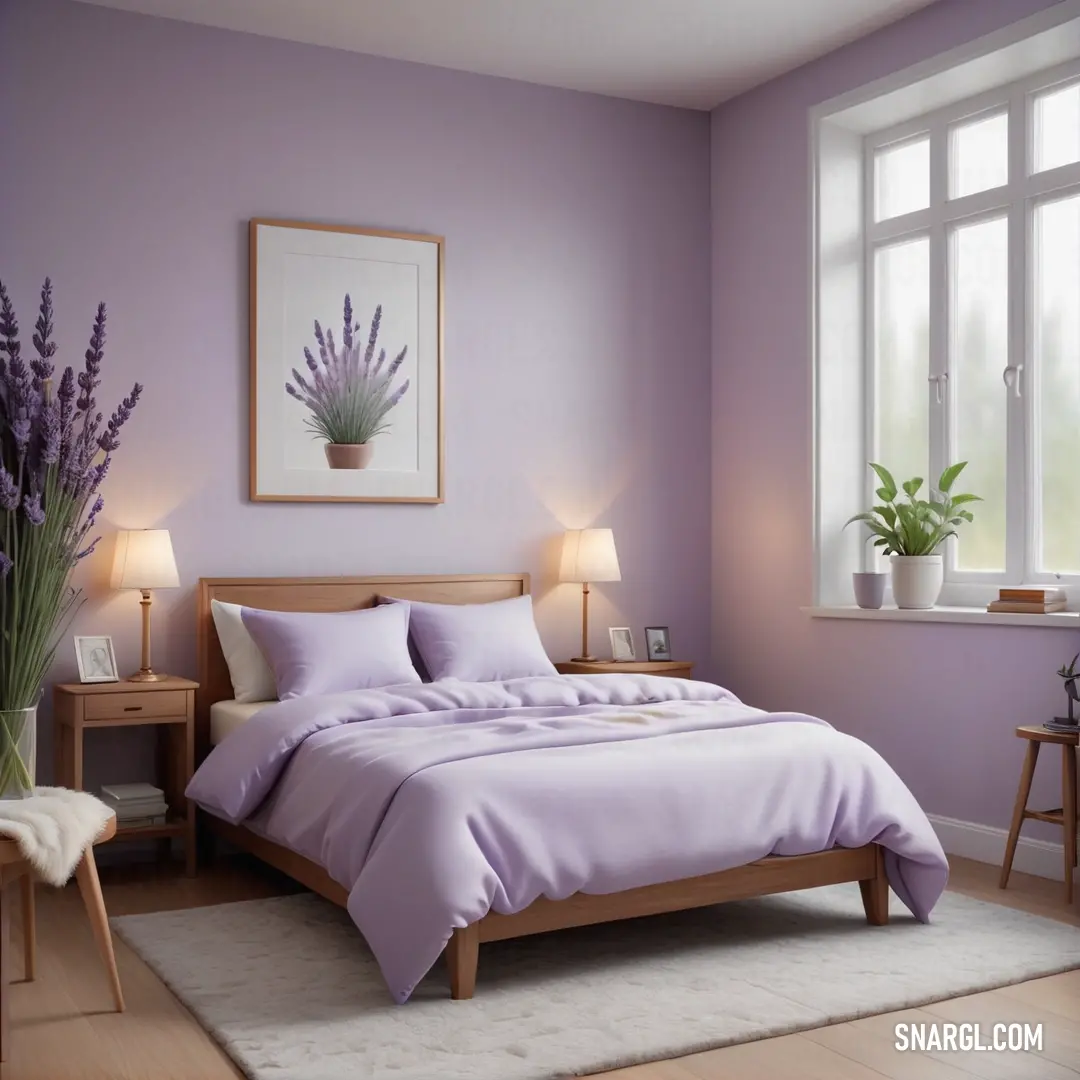 Bedroom with a bed, a table. Example of PANTONE 684 color.