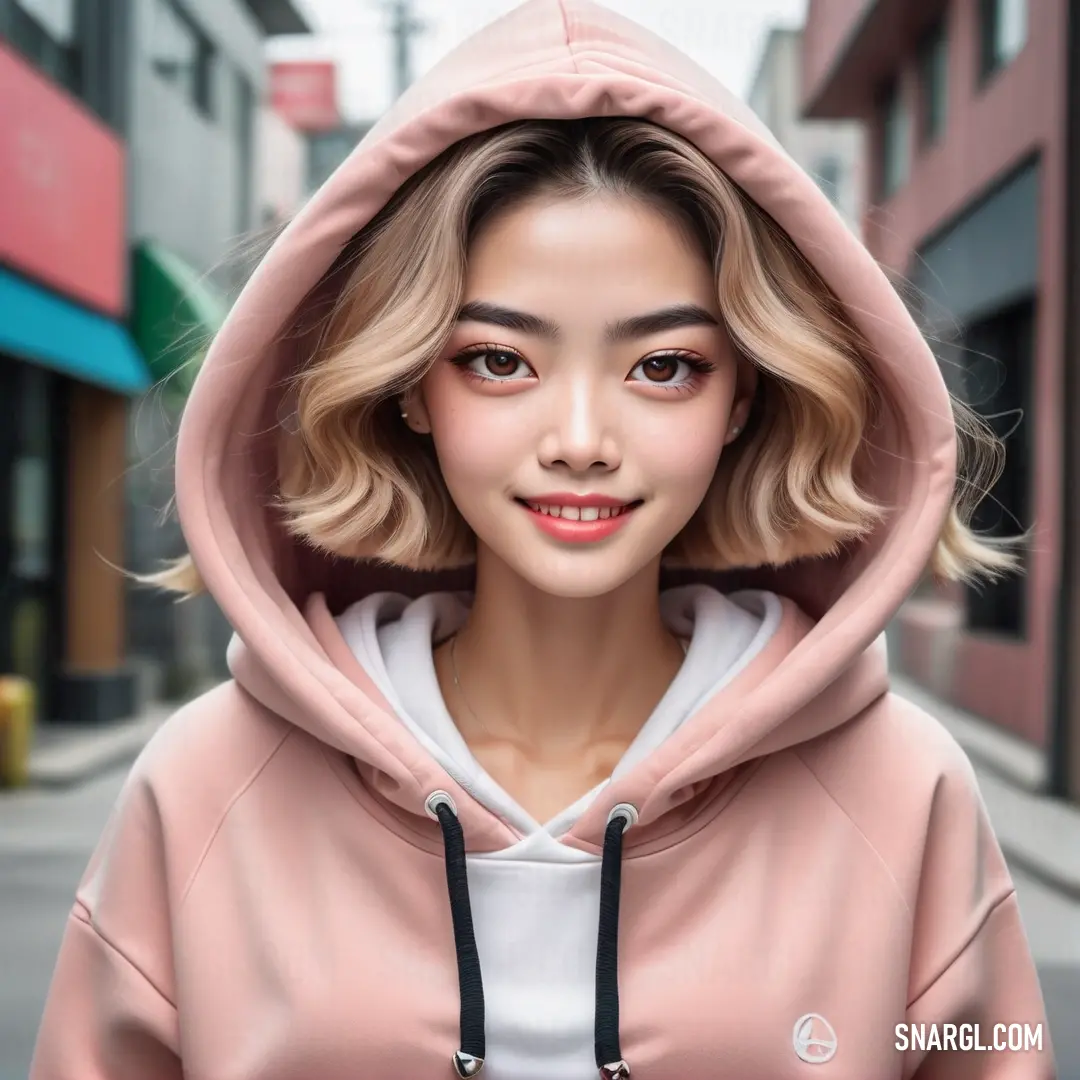 Woman with a hoodie on standing in the street with a city background. Example of #E4CAD6 color.