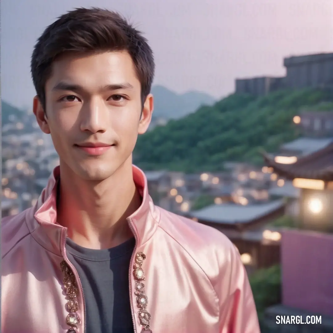 Man in a pink jacket standing in front of a cityscape with a mountain in the background. Example of PANTONE 685 color.