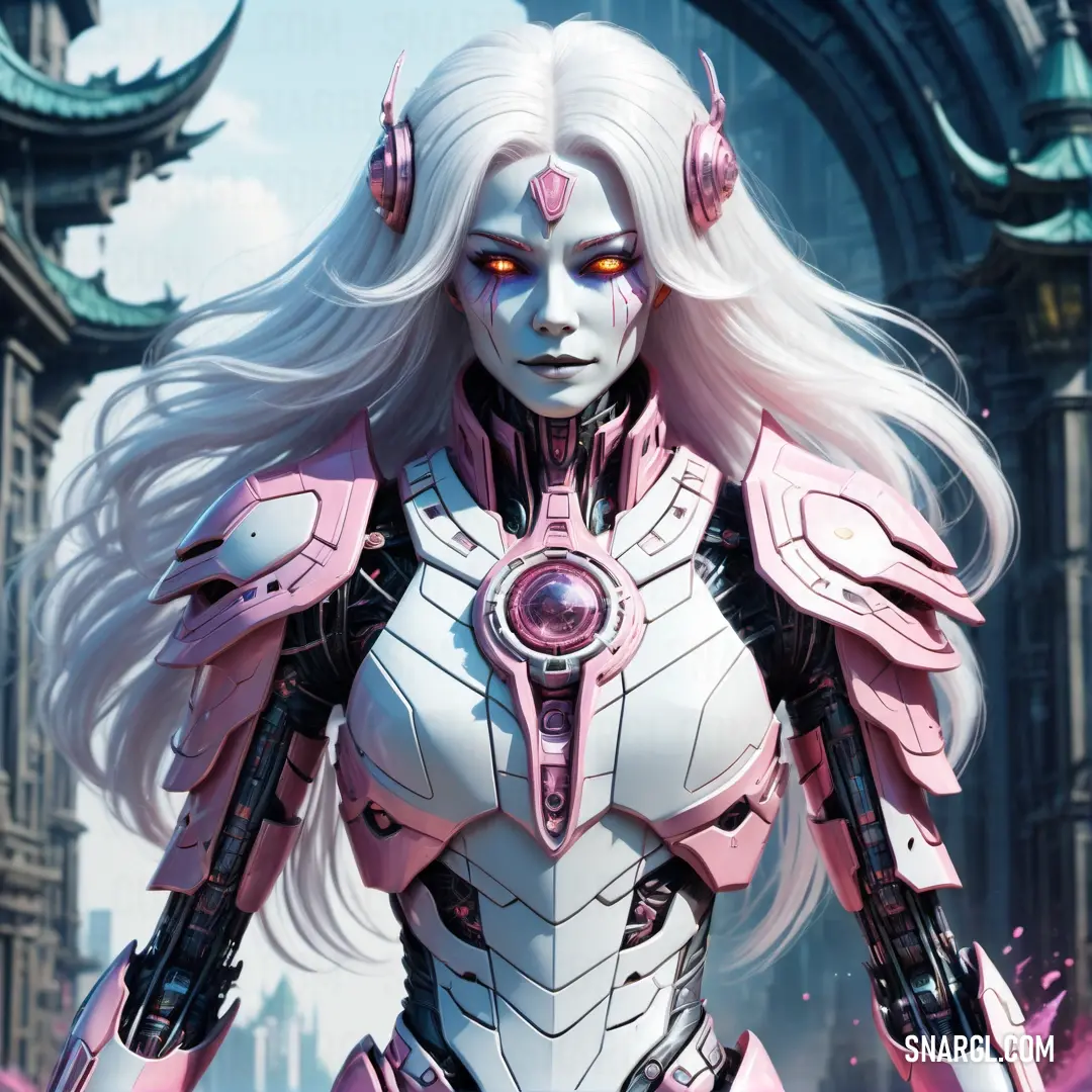 Woman with white hair and pink armor standing in front of a gate with a clock tower in the background. Color CMYK 0,29,0,4.