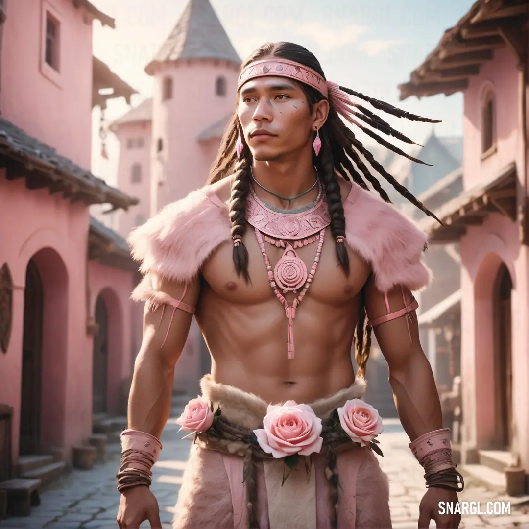 Man with dreadlocks and a pink outfit is standing in front of a pink building