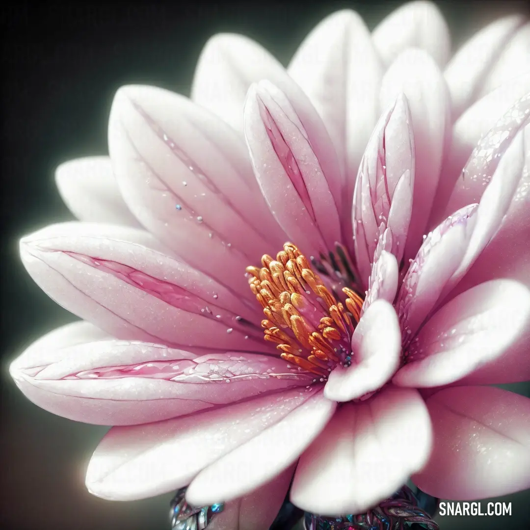 Pink flower with water droplets on it's petals and a black background with a yellow center