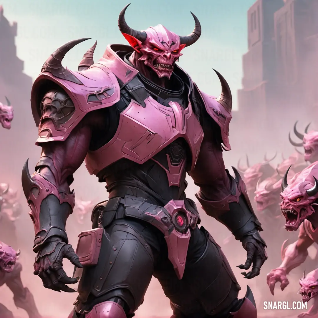 Demonic looking man with horns and a helmet on in front of a group of demonic looking men in a city. Example of #C489AB color.