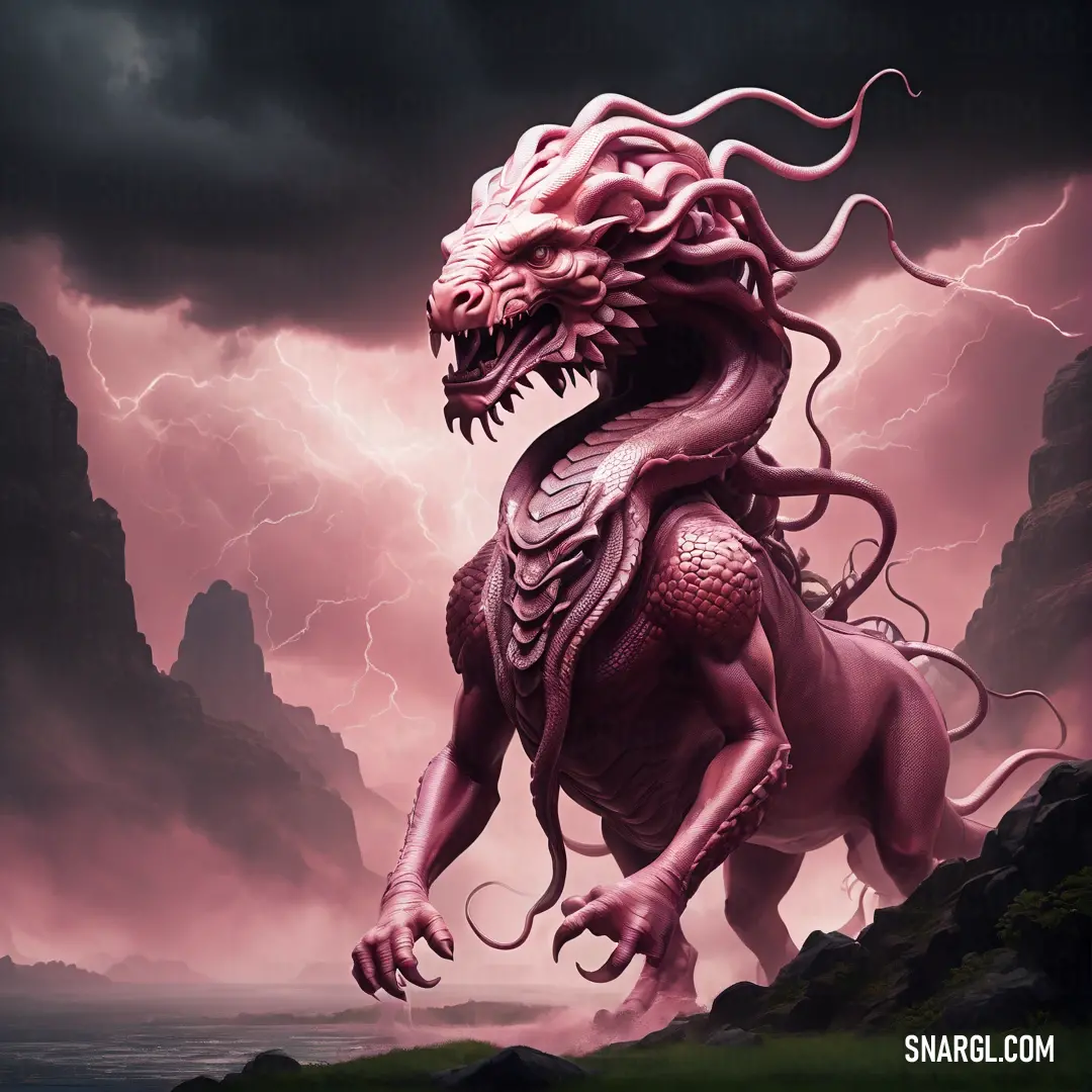 Dragon with a large body of water in front of a mountain range with lightning in the sky above. Example of RGB 196,137,171 color.