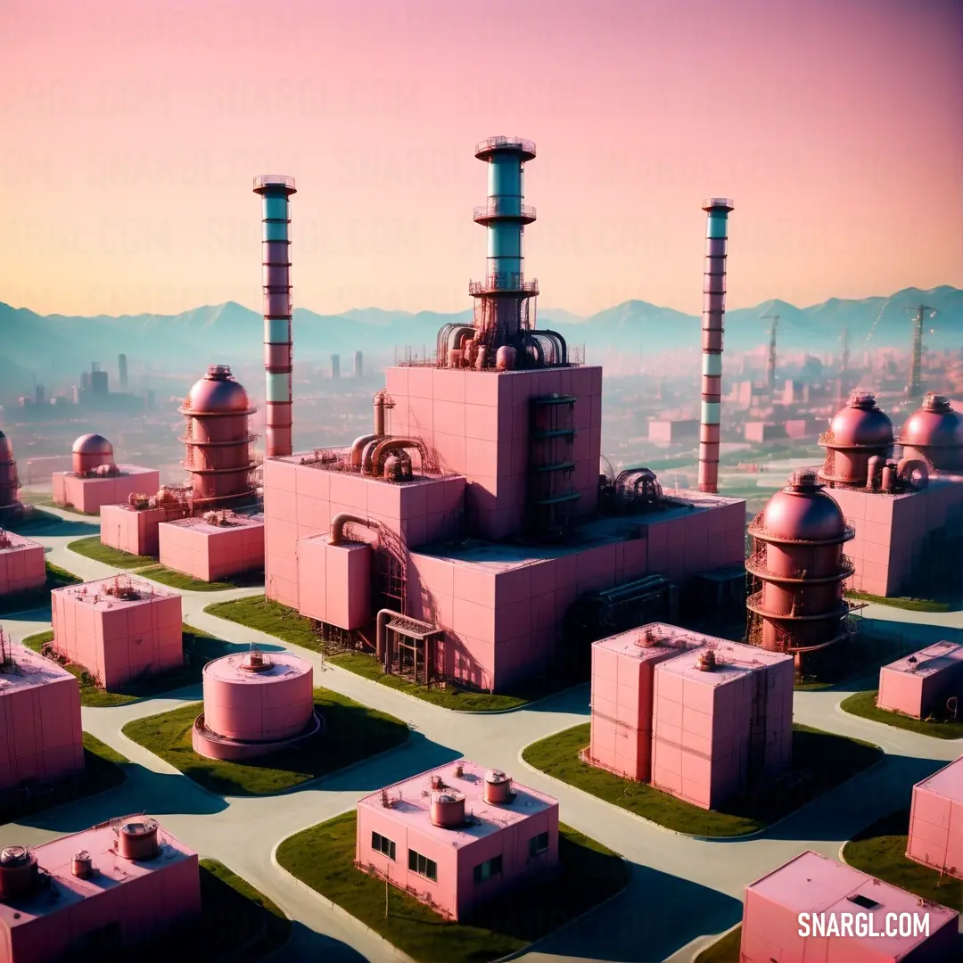 Futuristic city with a lot of pink buildings and towers and a lot of green grass in front of a pink sky. Color PANTONE 687.