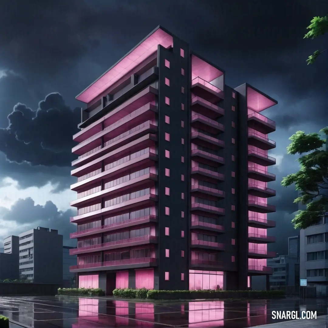 PANTONE 687 color example: Tall building with a pink light on it's side in a city at night time with a cloudy sky