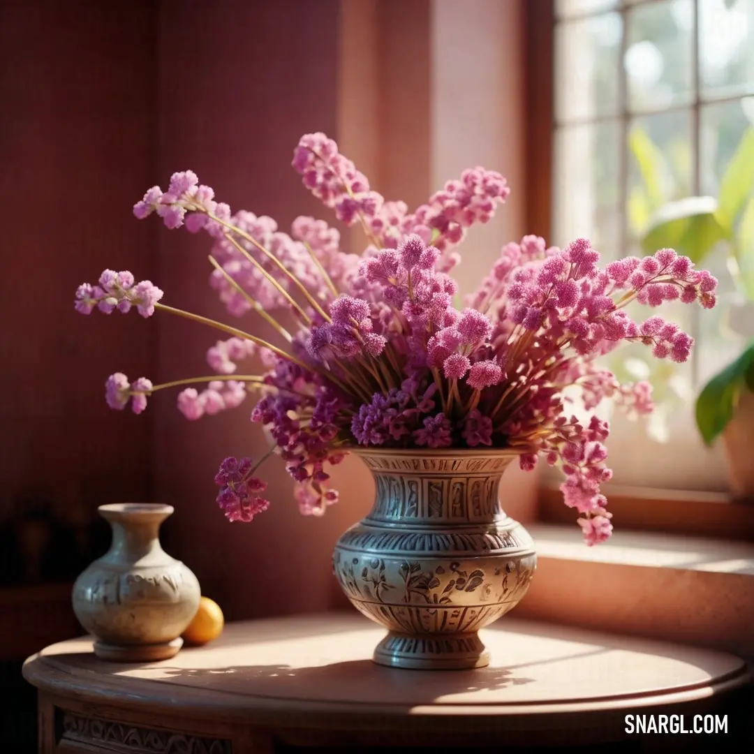 Vase with flowers on a table next to a window sill with a vase of flowers in it. Color PANTONE 687.