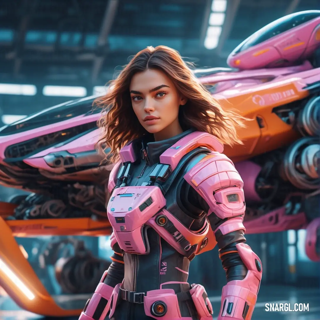 Woman in a futuristic suit standing in front of a pink vehicle with a sci - fi. Example of PANTONE 687 color.