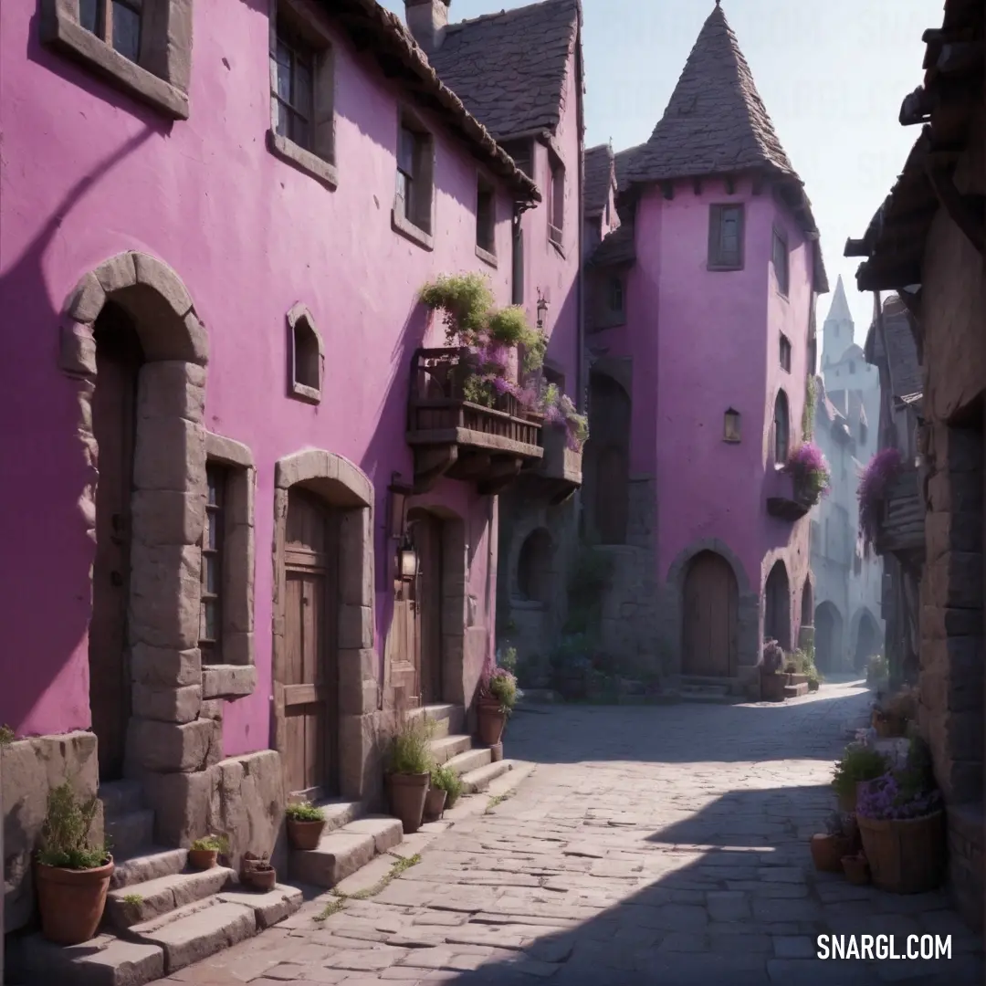 Narrow street with a pink building and a few potted plants on the side of the street