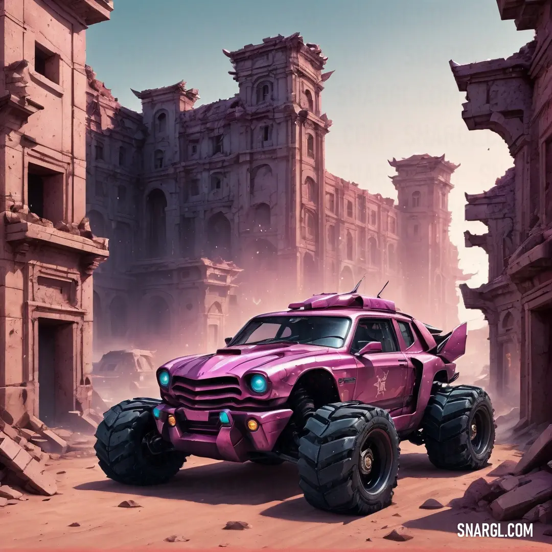 Pink monster truck driving through a desert landscape with ruins and buildings in the background. Color #B56F97.