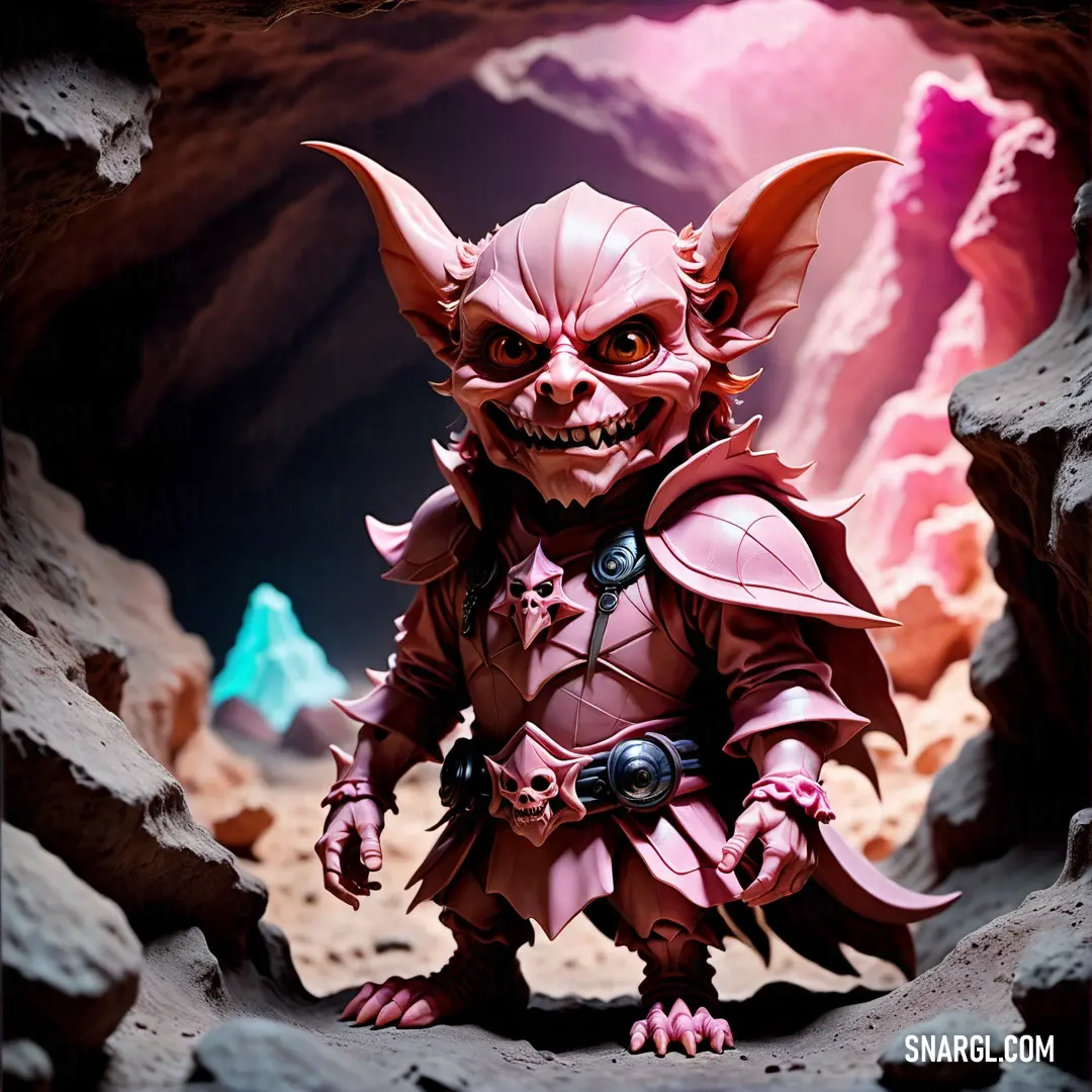 Toy figure of a demon with a red coat and a pink outfit on a rocky surface with a pink sky in the background. Color CMYK 17,68,3,12.