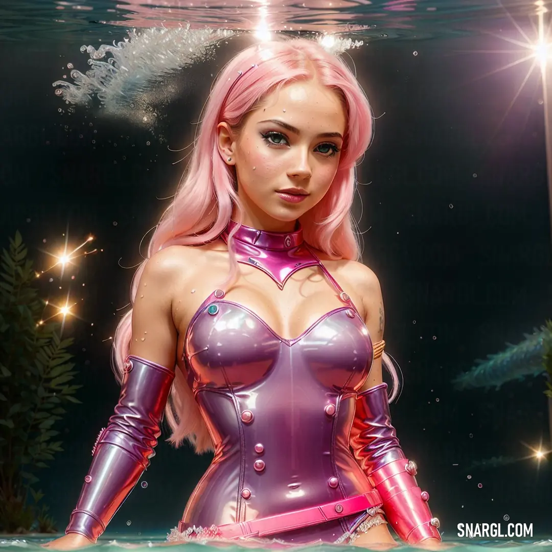 Woman in a purple outfit standing in the water with a pink hair and a pink collared top. Color RGB 181,111,151.
