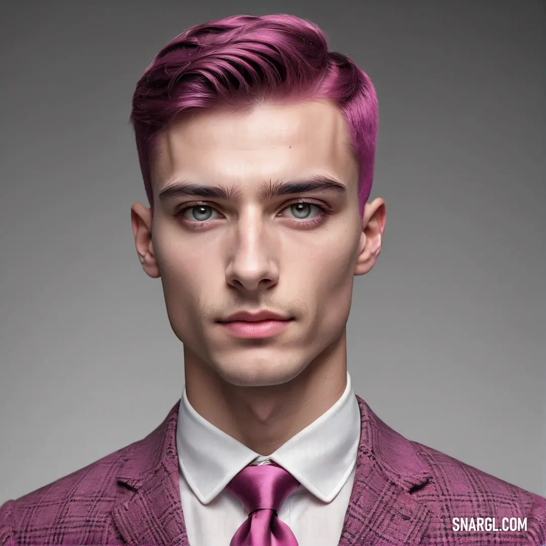 Man with a pink tie and a suit jacket and a white shirt and tie and a pink hair. Color RGB 146,60,108.