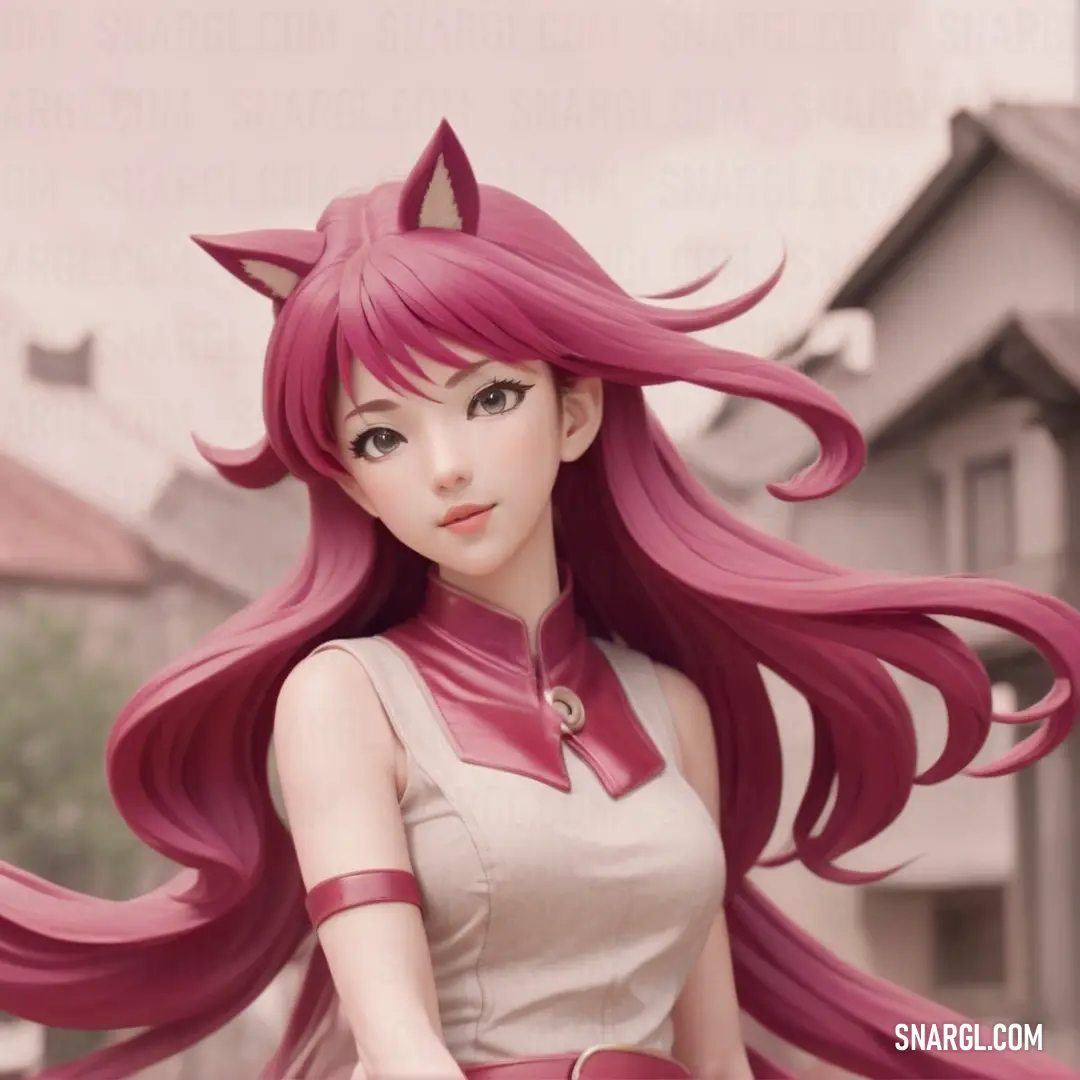 Girl with pink hair and a cat ears outfit is standing in front of a house with a pink background. Example of RGB 240,216,215 color.