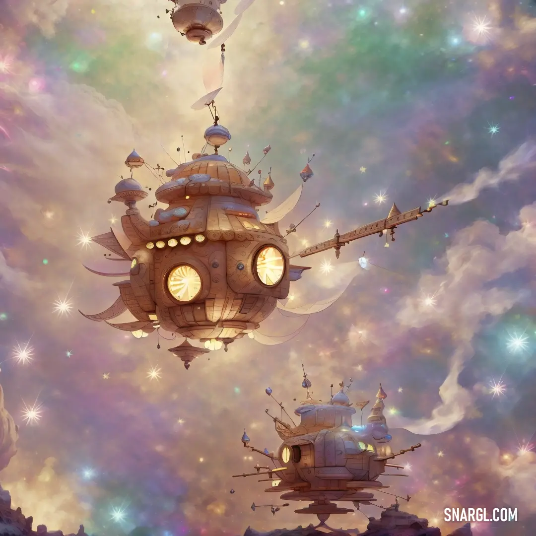 Painting of a space station floating in the sky with a clock on it's side and a space station on the other side